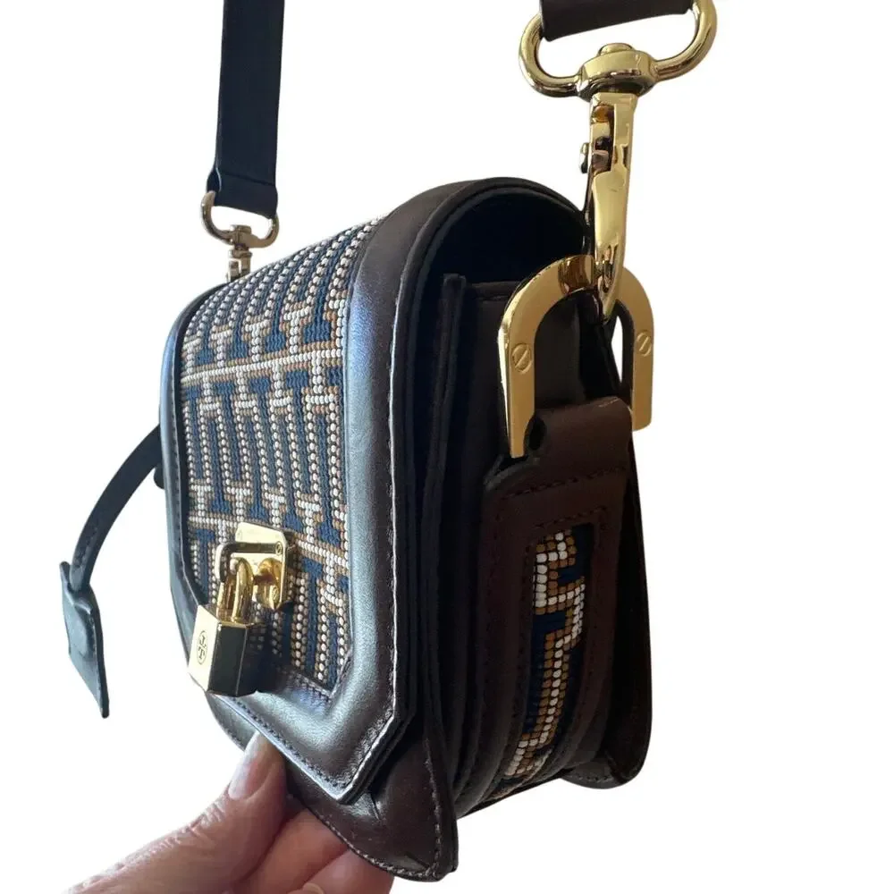 Tory Burch Mini Crossbody Navy Brown Logo Jacquard‎ Lock Bag